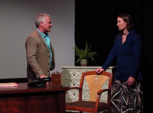 John Posey as Dr Westbrook and Pagan Grace as Margaret in 'Threat' at the Whitefire Theatre, Sherman Oaks, CA. A conversation about gun violence in America.